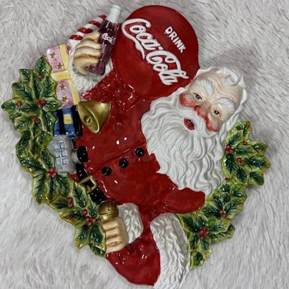 Vintage Coca-Cola Hand Painted Ceramic Holly Santa Plate Platter - Picture 8 of 15